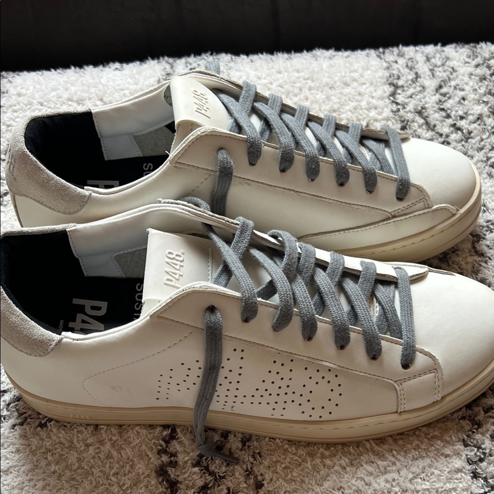P448 Men's White Sneakers with Gray Laces size 39 men’s 6.5, women’s 8.5